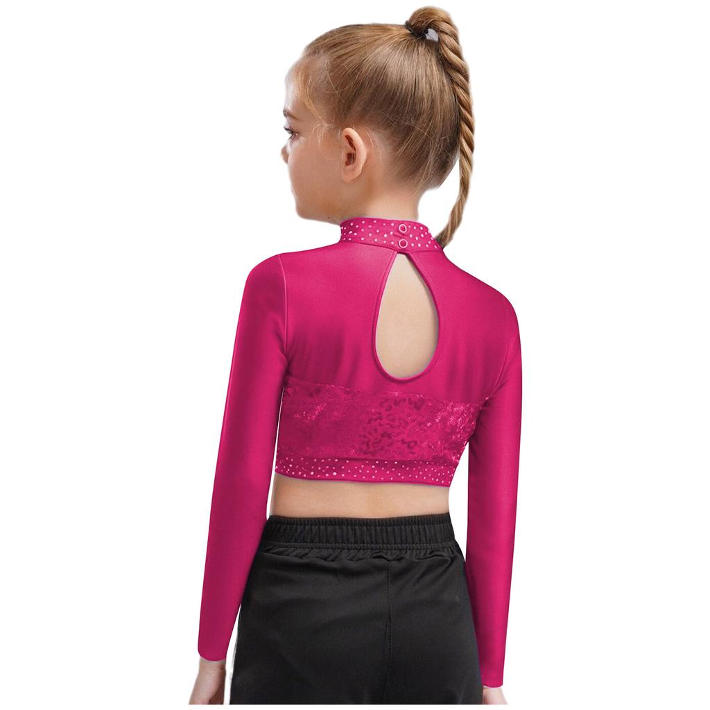 Dziewczęcy Crop Top do Tańca Jazzowego z Wysokim Dekoltem i Długim Rękawem, Przezroczysta Siateczka, Patchwork, Błyszczące Płatki, Kostium na Występ