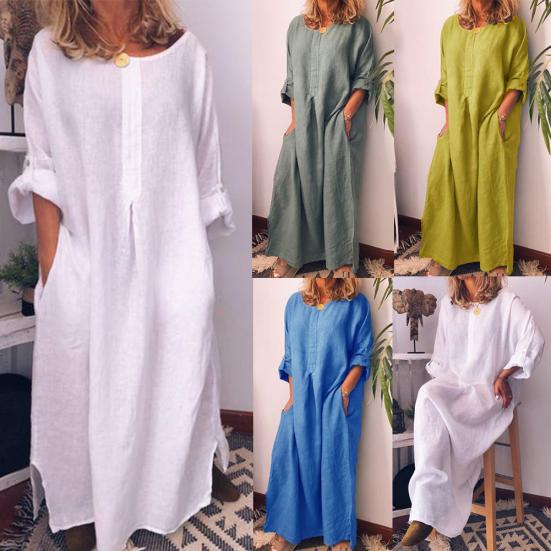 Casual Women Solid Color Oversize Maxi Cotton Linen Long Shirt Kaftan?Dress