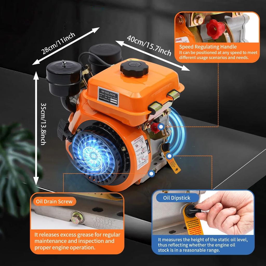 3HP 196CC Oblique Horizontal Diesel Engine, 4-Stroke Hand Start Single Cylinder Engine, 3000RPM Air Cooling Power Tool Accessory