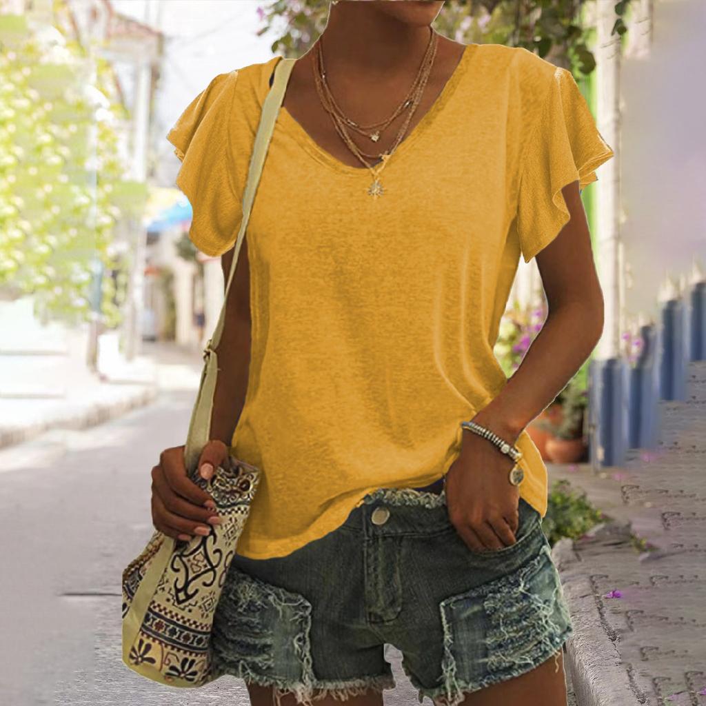 Women's Summer Basics T-Shirt Ruffled Sleeves Color Fashion V Neck Short Sleeve Loose Top