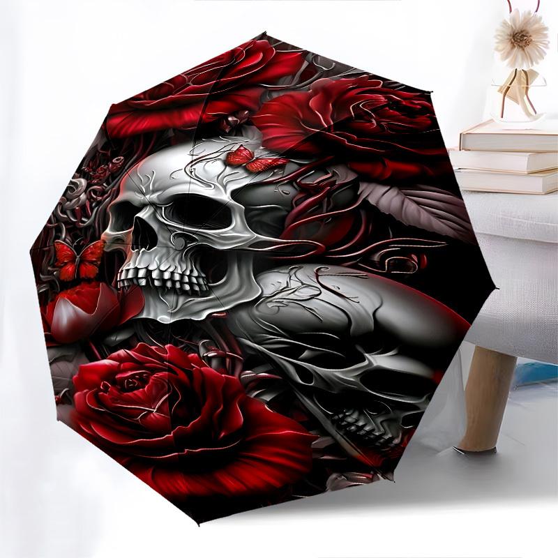 Skull Roses Themed Automatic Opening and Closing Umbrella, Brightly Colored 8 rib Portable Umbrella, Suitable for Men and Women, A Perfect G