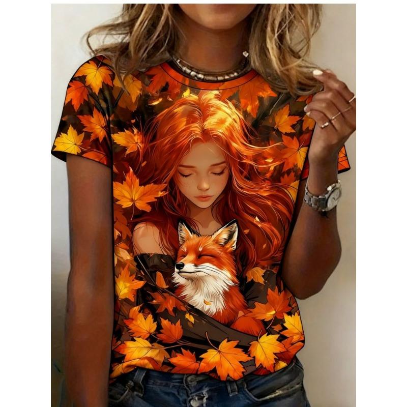 Women's Short-sleeved Round-neck T-shirt with Fox Pattern Print