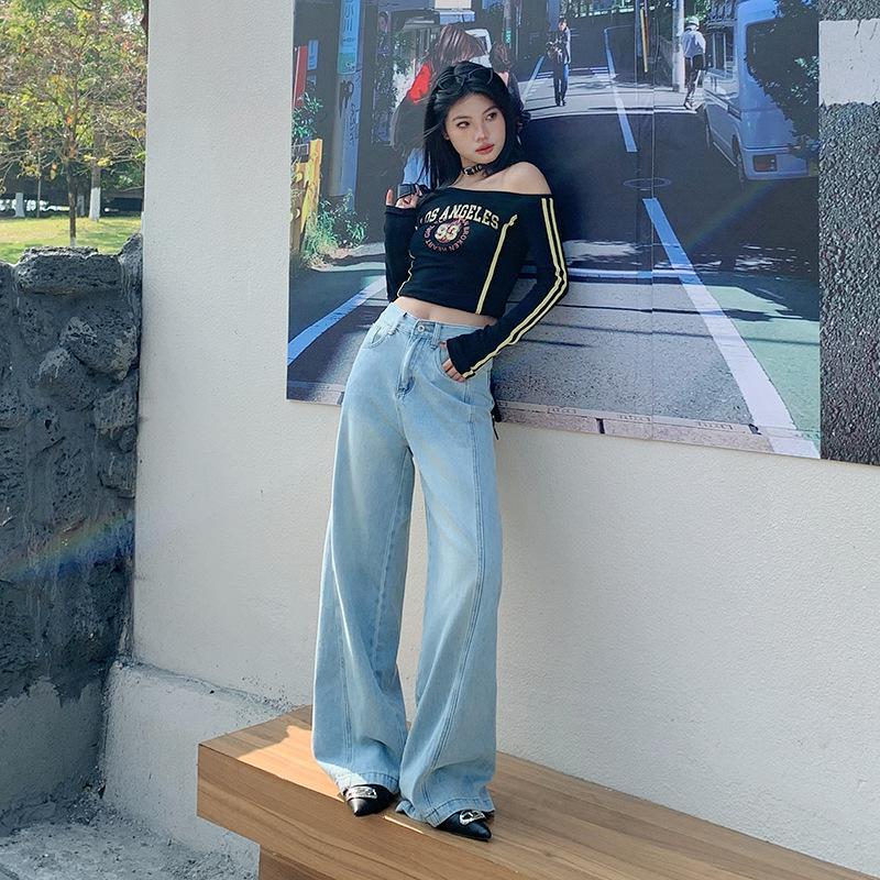 Dżinsy Tenisowe dla Kobiet z Wysokim Stanem Luźne Dopasowane Szerokie Nogawki Spodnie dla Kobiet Wiosenne i Letnie Zwisające Wysoki Stan Dopasowane Długie Spodnie