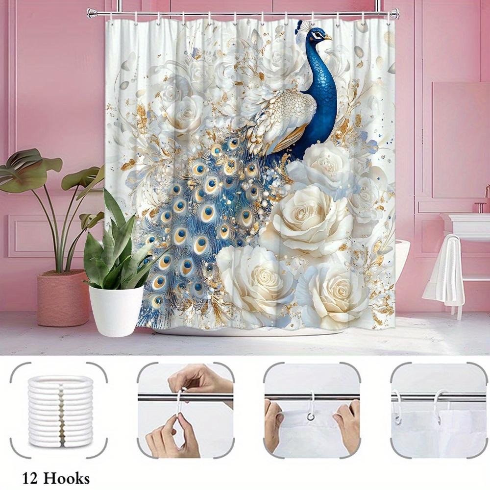 Blue Peacock With White Roses Shower Curtain 3D Artistic Design Waterproof Bath Decor Royal Luxury Bathroom Curtains