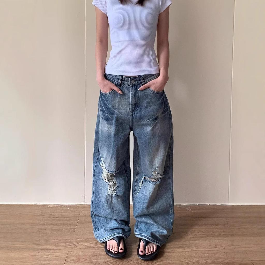 JYL Mens Jeans Vintage Ripped Distressed Loose Straight Floor-length Denim