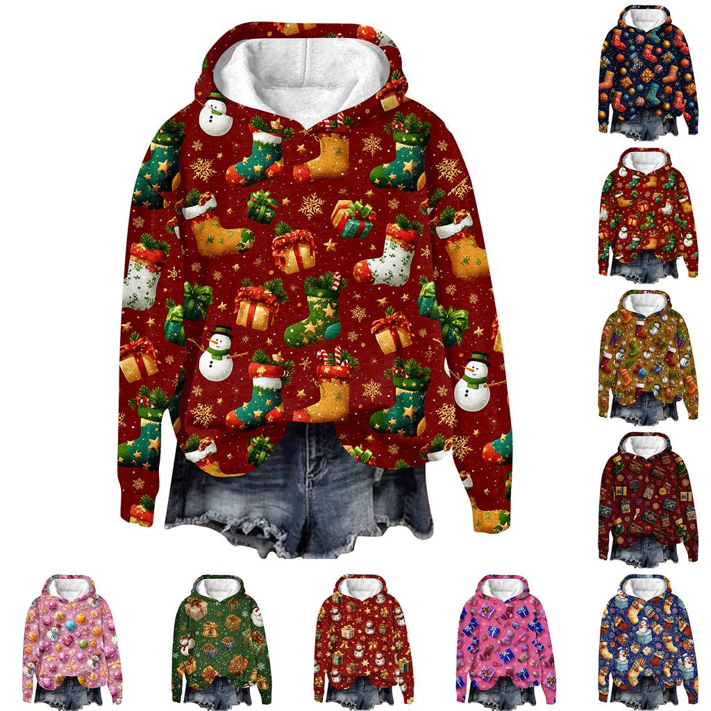 Women's Fashion Long Sleeve Christmas Print Loose Hooded Sweatshirt Top