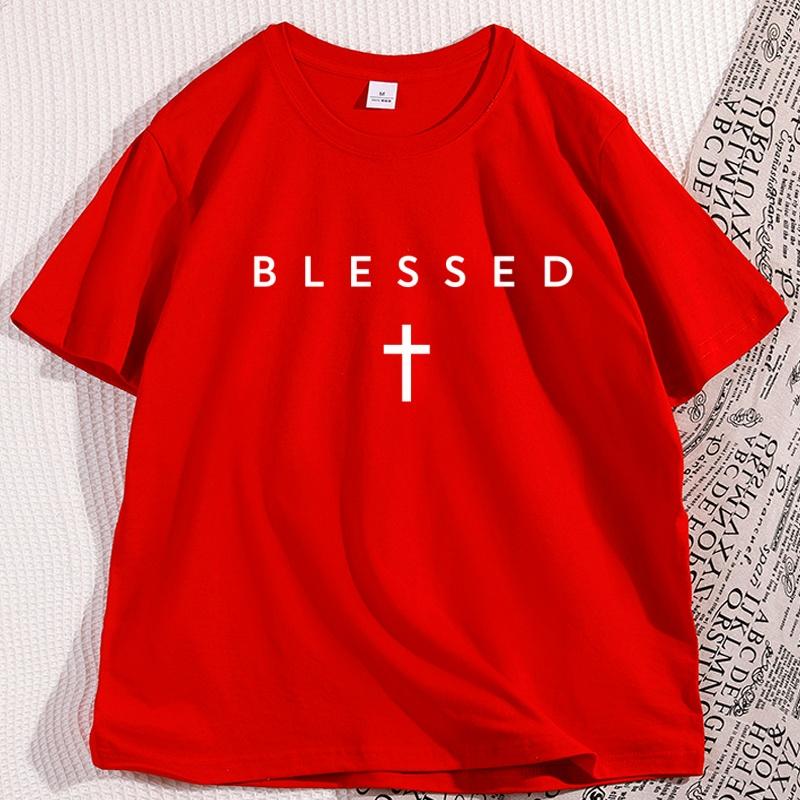 

Blessed Cross Graphic TShirt Oversized Christian Streetwear Tshirt Round Neck Cotton Short Sleeve Graphic Tee Shirts Clothing S