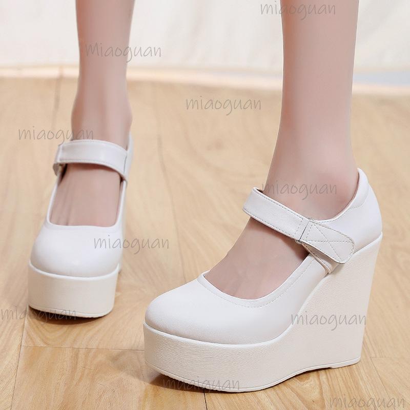 White Wedges Platform Mary Jane Shoes Women's Round Toe Casual Shoes Comfortable Black High Heel Pumps Spring Autumn Sandals