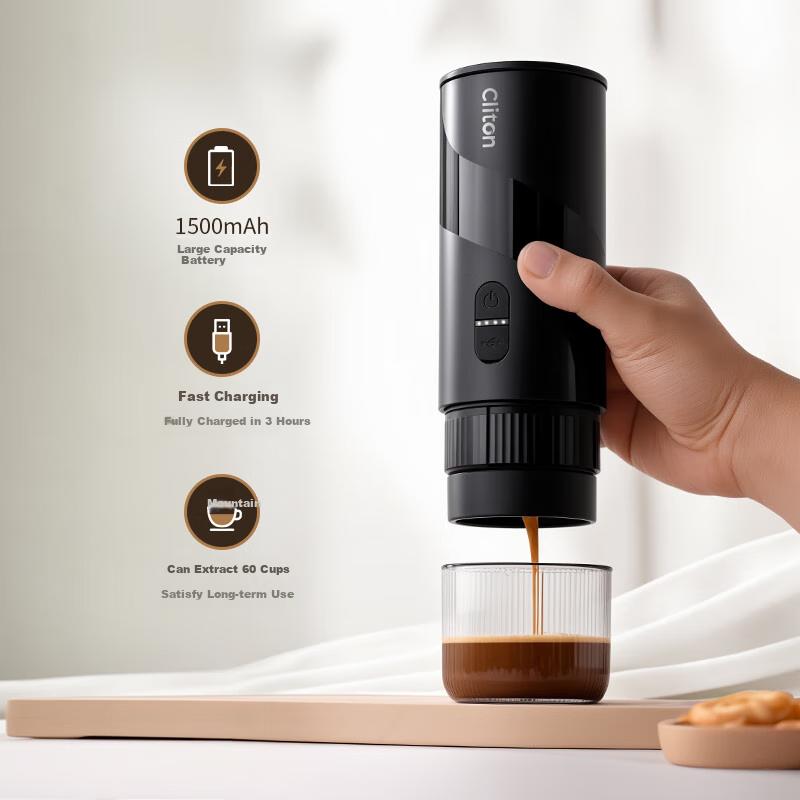 CLITON Portable Espresso Machine, 12V Car Cordless Handheld Semi-Automatic Coffee Maker with Coffee Grinder
