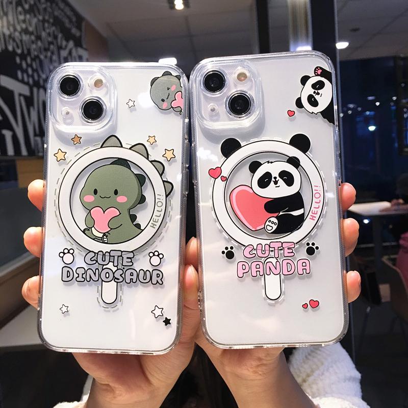 Cute Cartoon Panda Dinosaur Magsafe Phone Case For iPhone 16 Pro Max 15 13 12 11 14 Plus Wireless Charging Magnetic Clear Cover