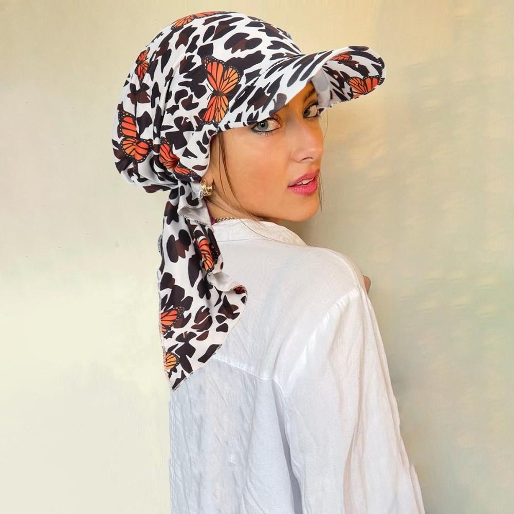 Casual Print Women Hijab Caps with Brim Wrap Hair Turban Bonnet Breathable Comfortable Ladies Headscarf Hat Hide Hair