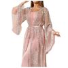 Women Long Sleeve Sequin Mesh Suit Gown Long Two Piece Dress