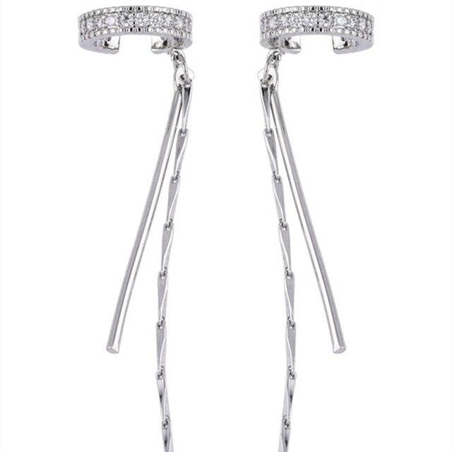 ANENJERY Shiny Zircon Long Tassel Cuff Clip Earrings for Women Light Luxury Ear Bone Clips Without Ear Holes Jewelry Pulseras