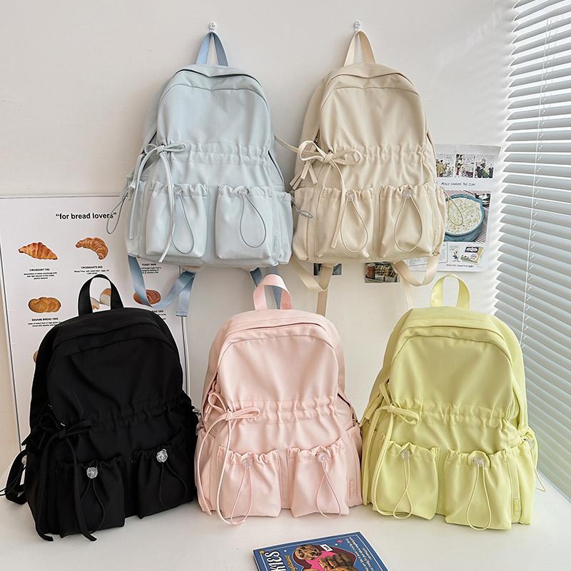 Minimalist Solid Bowknot Students Schoolbag Tutoring Bag Large Capacity Nylon Knapsack Waterproof Outdoor Travel Backpack Tote