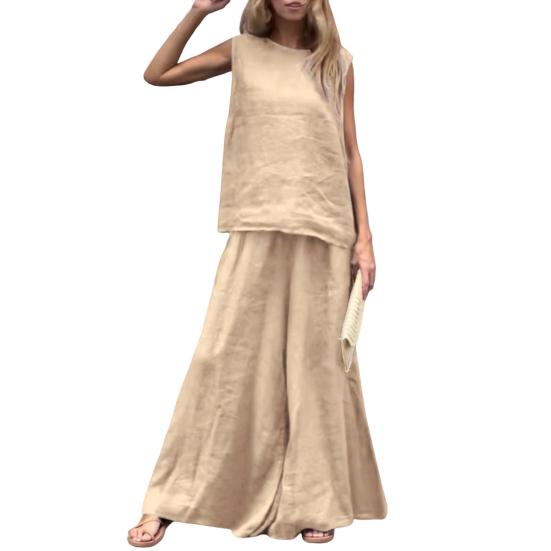 2-teiliges Sommer-Outfit für Damen, ärmelloses Tanktop und Hose mit weitem Bein, lässiges Lounge-Set aus Leinen und Baumwolle, passendes Strand-Set