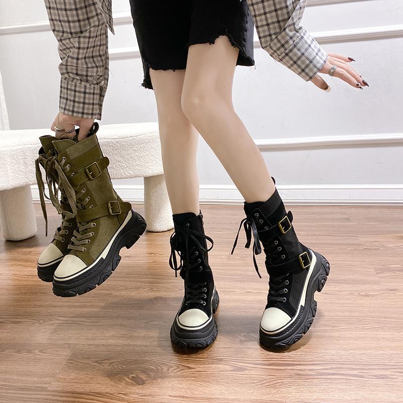 Fashion Autumn Nubuck Leather Boots Women's Thick-soled Mid-calf Non-slip Sneakers Round Toe Front Lace-up Motorcycle Boots