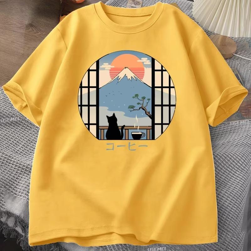 Coffee Cat Graphic print Men TShirt Cotton Vinage Oneck shortsleeved Tee Tshirts Unisex casual daily outdoor TShirt Oversized