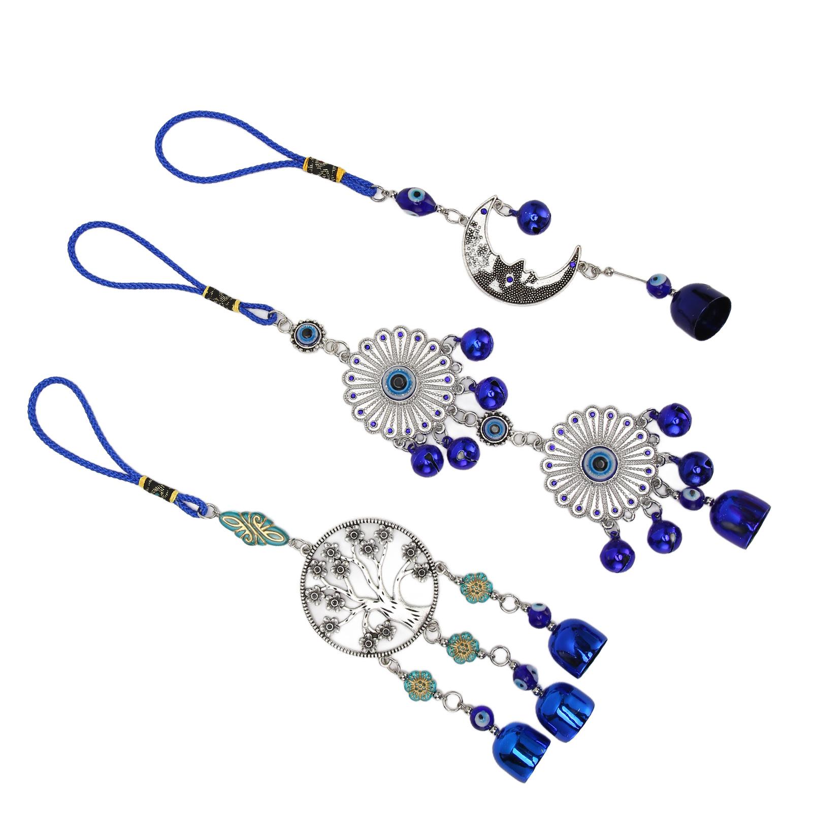 

3pcs Blue Eye Moon Ornament Tree Sunflower Shape Good Luck Attract Wealth Amulet Car Mirror Decor Hanging for Office