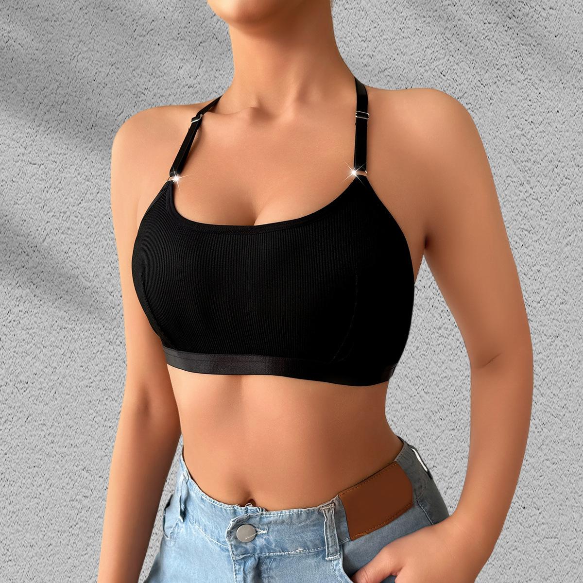 Women Solid Ribbed Halter Adjustable Strap Wireless Casual Bralette S