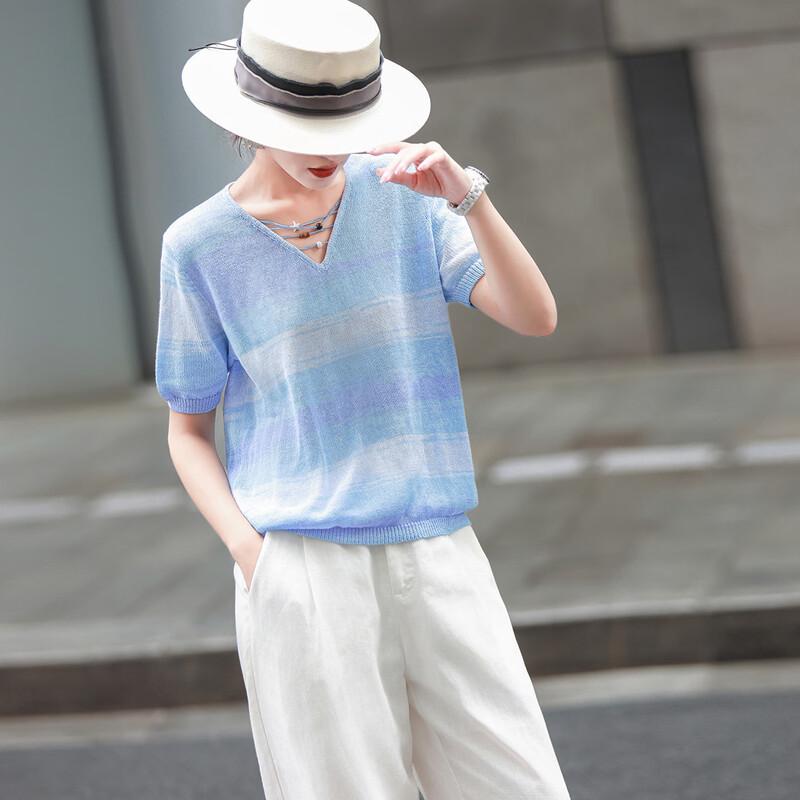 Lanseer Gradient Beaded V-Neck Short-Sleeve Knit Top OneSize