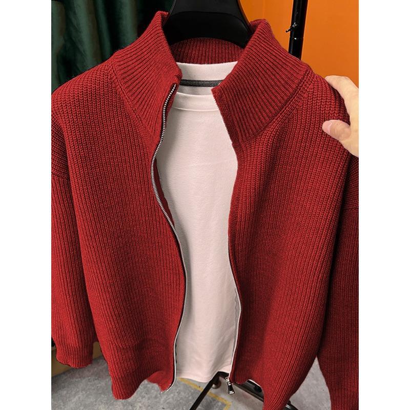 Men's Autumn Solid Color Zipper Knitted Sweater Slim Fit Stand Up Collar Jacket