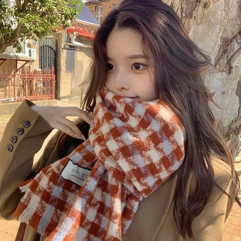 Black and white plaid scarf women's autumn and winter imitation cashmere couple warm scarf thousand bird grid versatile fringed shawl