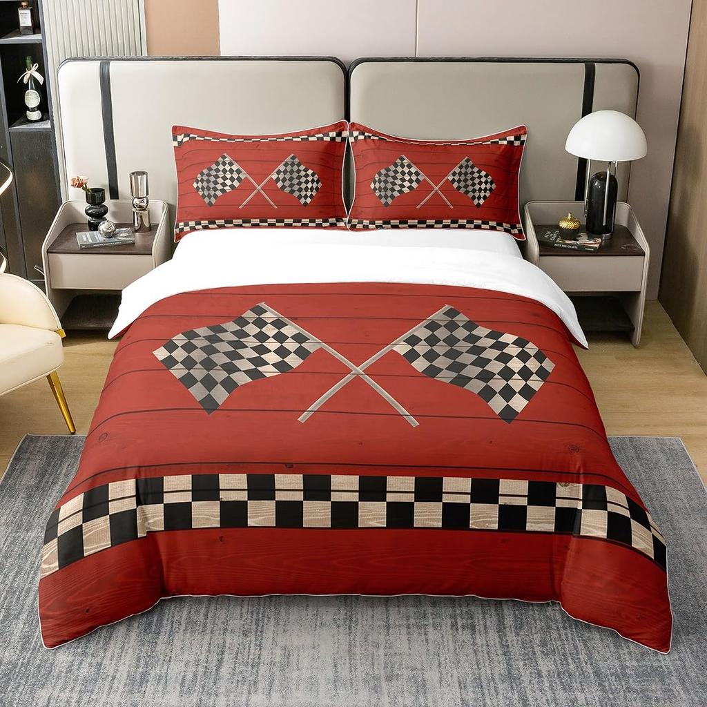 Checkered Flag Duvet Cover Sets for Teens Adults Queen Lightweight Quilt Covers Racing Themed Bedding Set Bedroom Decor No Quilt