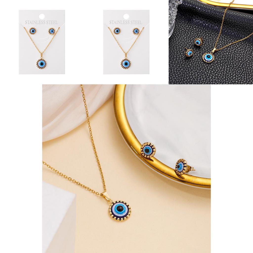 Turkish Evil Eye Jewelry Set With Geometric Alloy Pendant And Chain For Women
