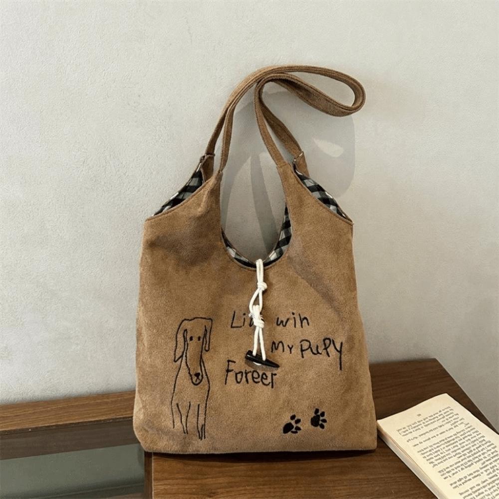 Vintage Drawstring Shoulder Bag Little Dog Handbag Fashion Puppy Paw Print Tote Bag Casual Wear