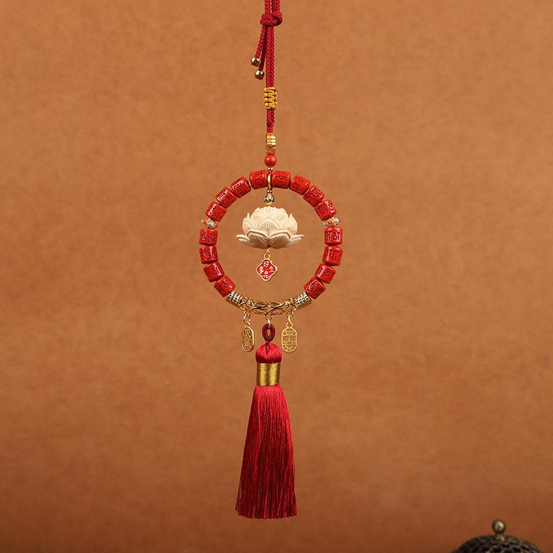 Zodiac Year Cinnabar Lotus Car Pendant: Six-Character Motto Rearview Mirror Ornament