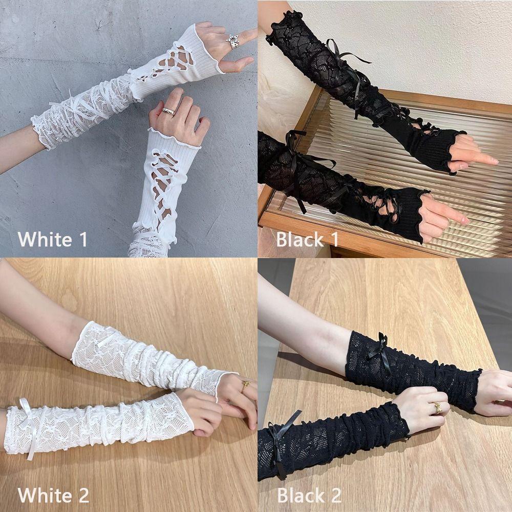 Bowknot Strapping Fingerless Mittens Elastic Sunscreen Sleeve Anime Gloves  Cosplay  Accessories
