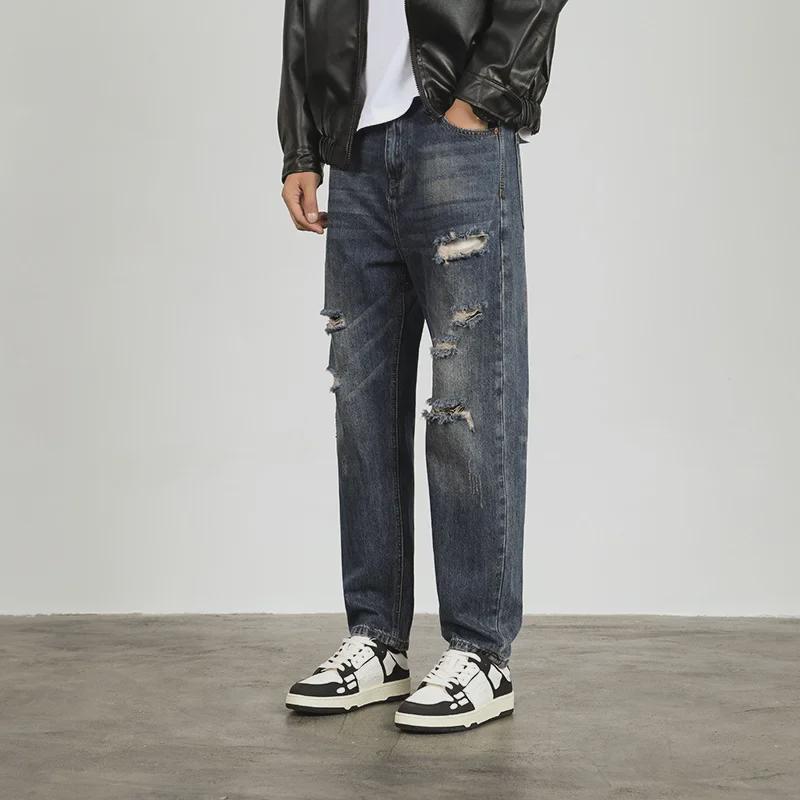Jeans da uomo alla moda effetto used a nove punti: Casual, Strappato, Ampio, Vestibilità Affusolata per Primavera & Autunno