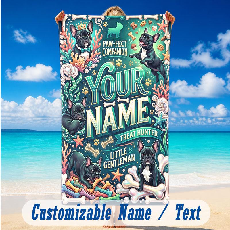 Dog Theme Beach Towel Personalized Custom Name & Text Soft Quick Dry Beach Towel for Swimming Travel