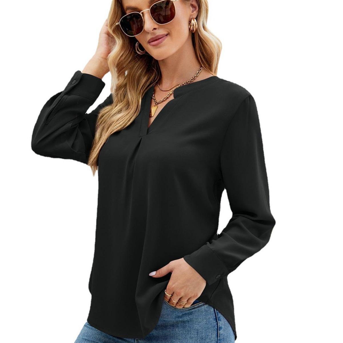 

Autumn Winter Women s Solid Color Chiffon Blouse, Loose V-Neck Long Sleeve Pullover Casual Shirt, European American Style Ladies Fashion Top S чёрный