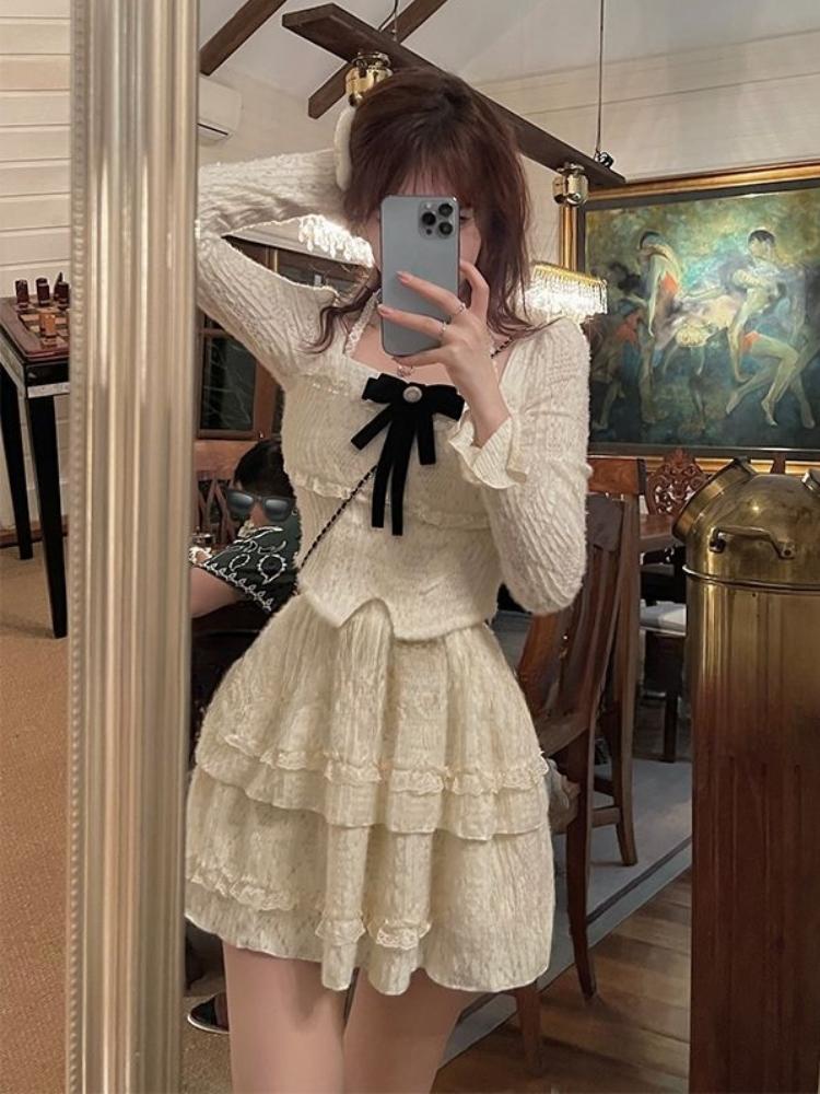 France Vintage Sweet Two Piece Set Women Patchwork Bow Elegant Party Princess Skirts Suit Female Korean Fashion Lace Slim Casual Sets 2026 New
