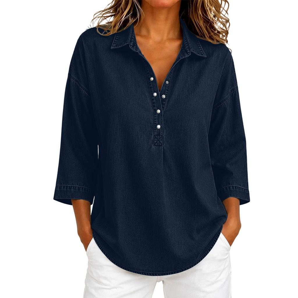 Women's Loose Fit Denim- Button Top with Three-Quarter Sleeves for Casual Everyday Wear