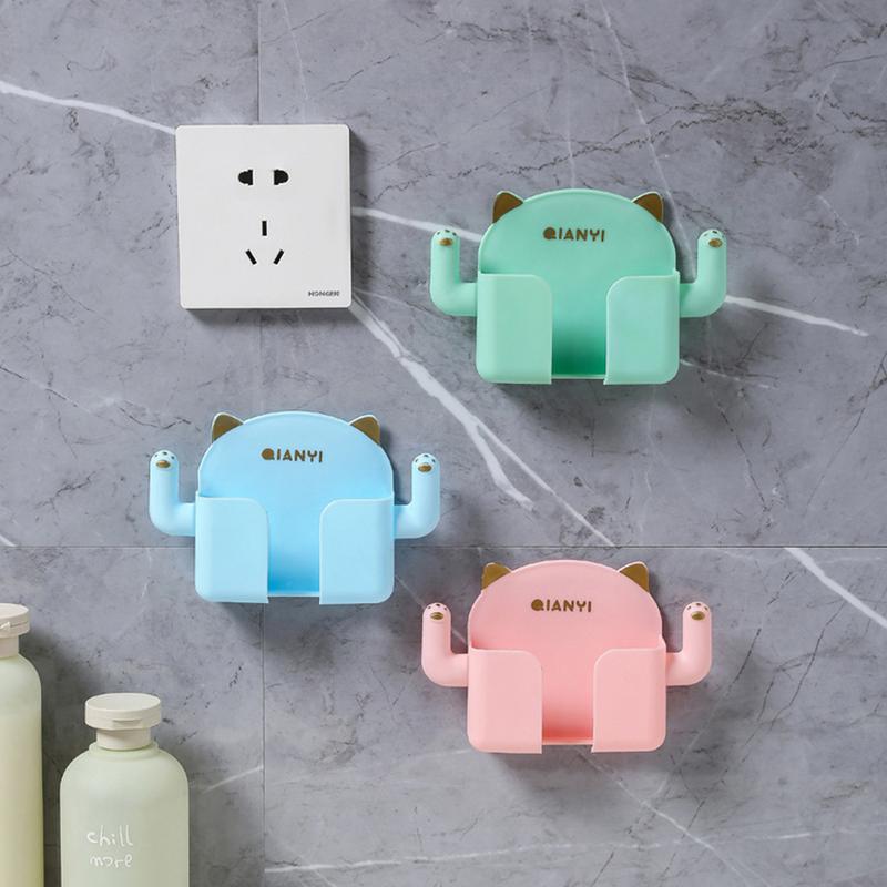 Punch-free Mobile Phone Holder Wall Mount Stand with Hooks Remote Control Organizer Storage Box Charging Bedside Container Rack