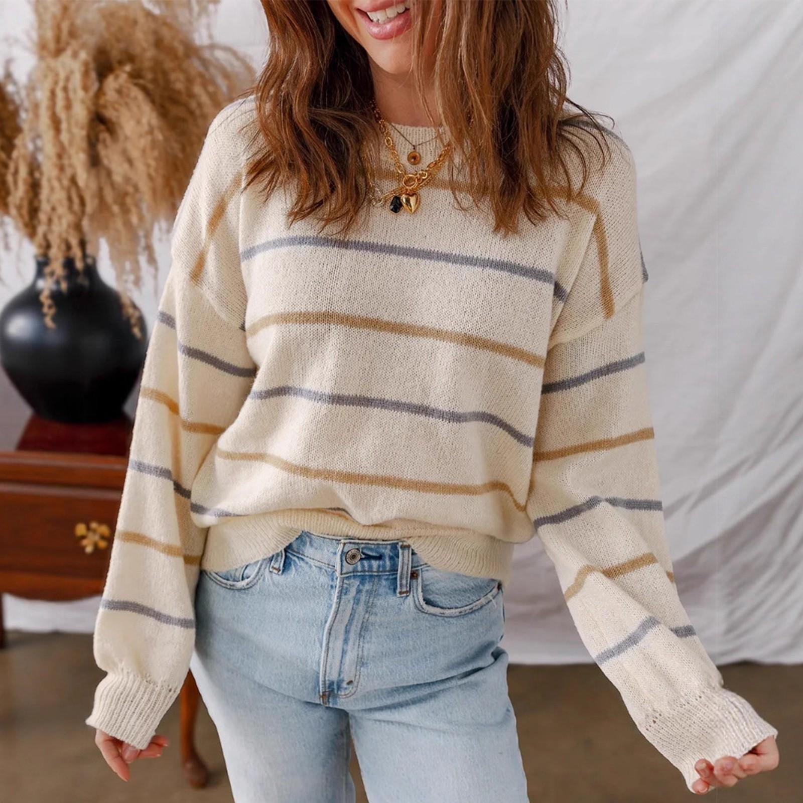 

Женский повседневный пуловер в цветную полоску с длинным рукавом и свободным кроем L бежевый