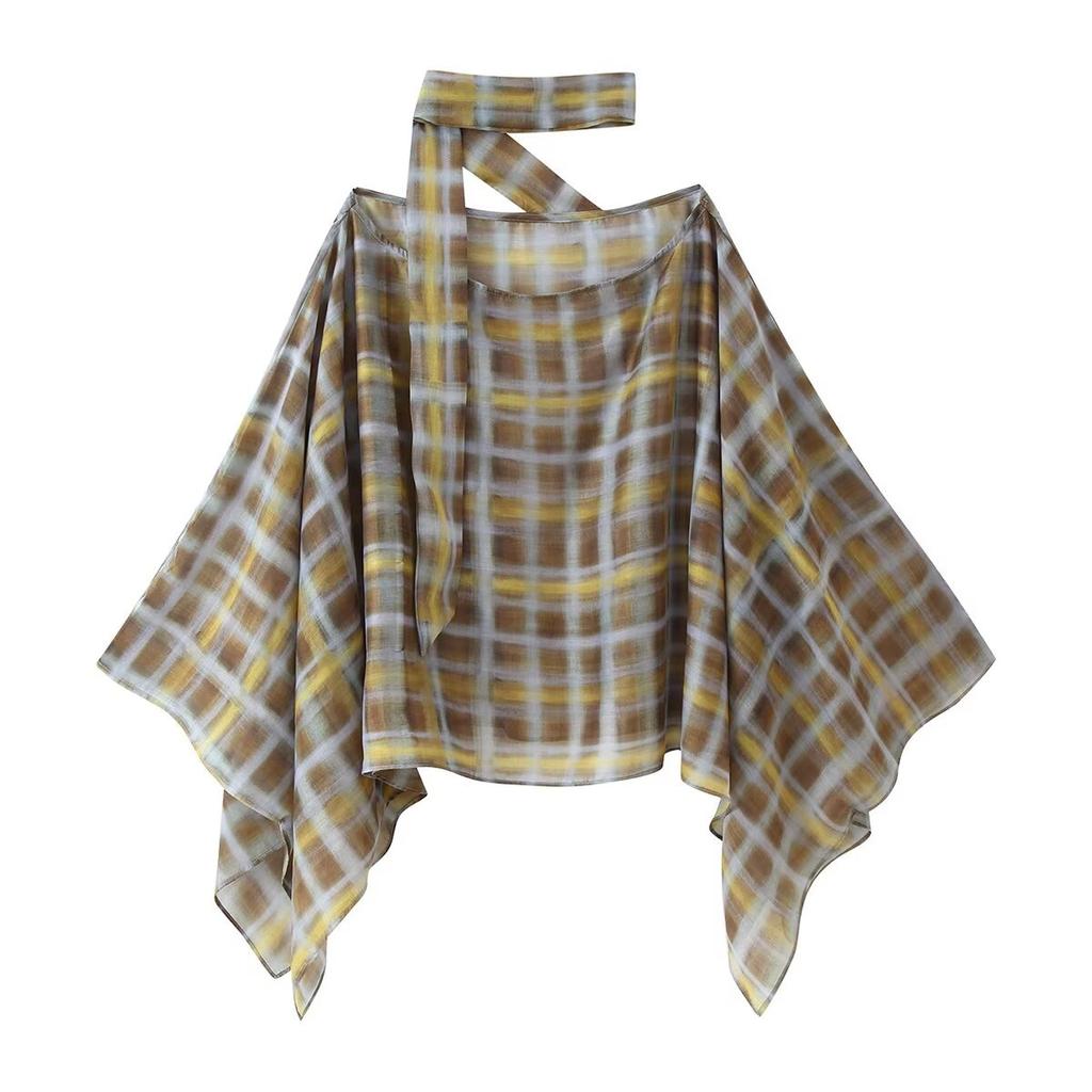 European and American Women's Wear Spring and Autumn Plaid Scarf Cape Shirt