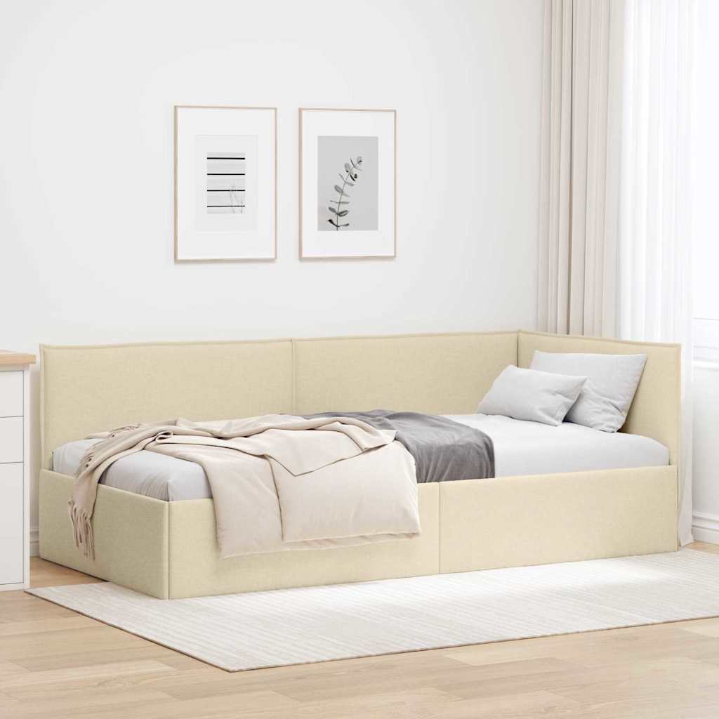L Shaped Bed Frame with Headboard Cream 100 X 200 Cm Fabric