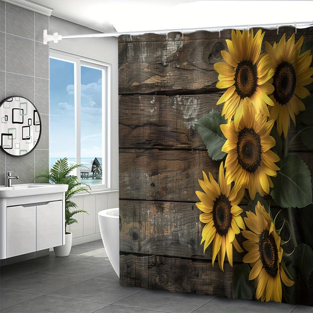4-Pack Sunflower Wood Board Digital Printing Polyester Waterproof Shower Curtain Punch-Free Partition Bathroom Toilet