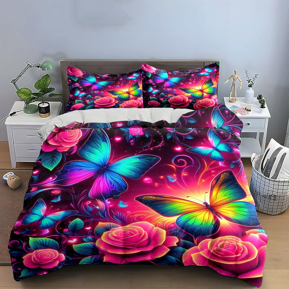 Colorful Butterfly Rose Design Bedding Duvet Cover Set Duvet Cover Pillowcases (1 * Duvet Cover 2 * Pillowcases, without duvet insert)