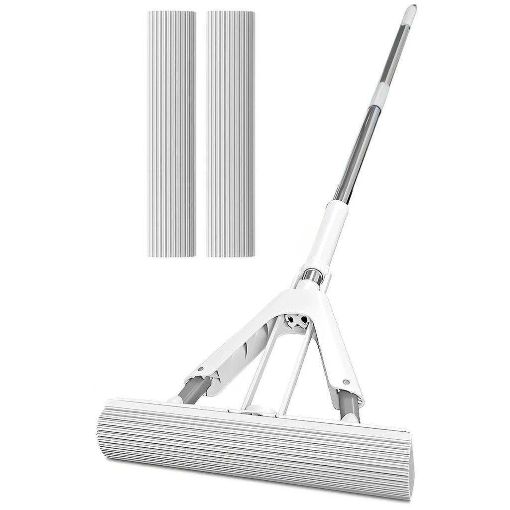 Foldable Self-Draining Sponge Mop Free Hand Washing Squeeze Collodion Mop Household Cleaning Tool With 2 Sponge Replacement Head