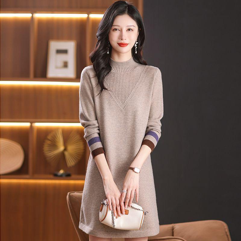 

Mid-length Knitted Sweater Women s Fashion Solid Color Loose Large-sized Sweater Autumn and Winter Casual Half Turtleneck Pullover S хаки