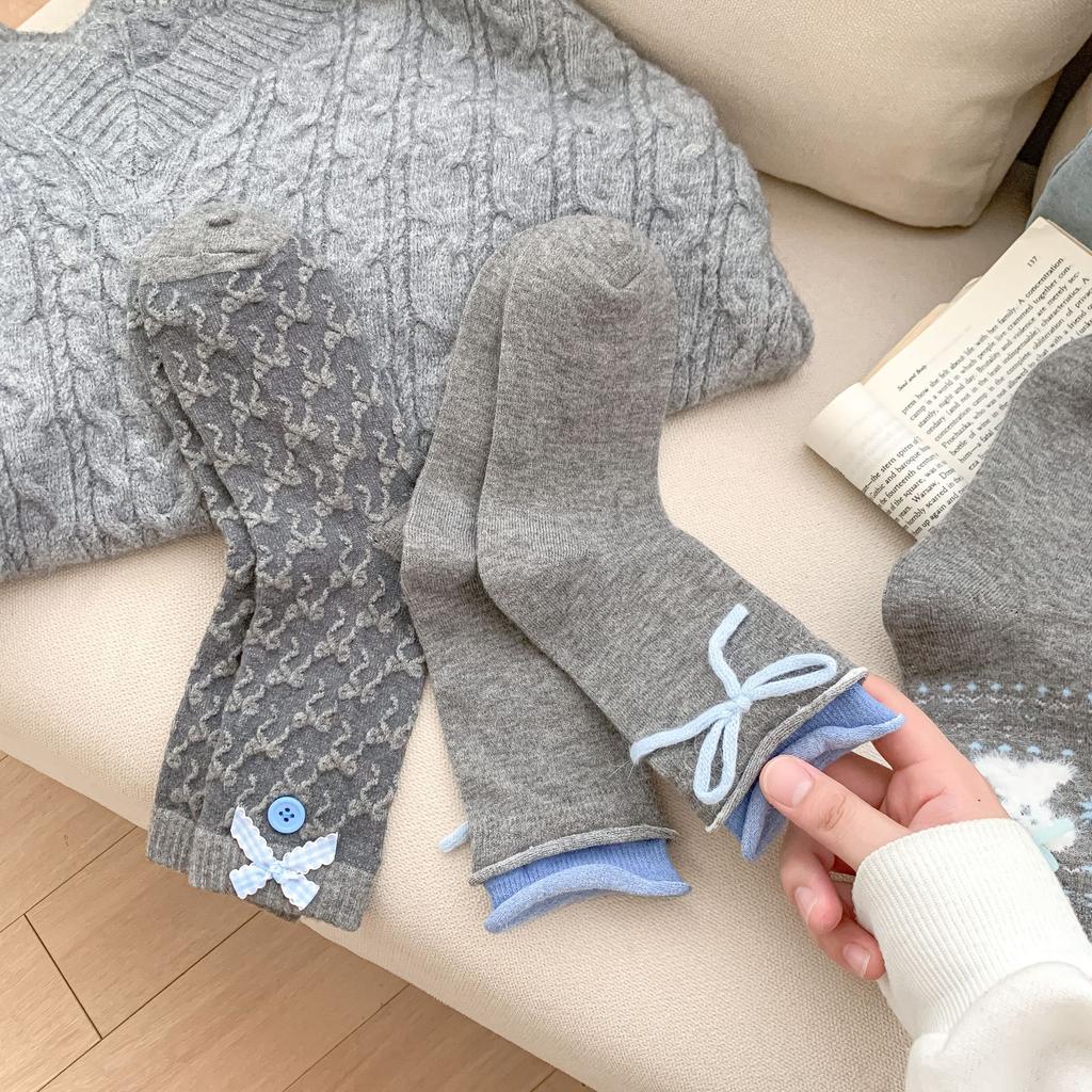 Ladies Autumn Winter Thickened Warm Cute Bow Cartoon Dog Wool Drum Pile Socks