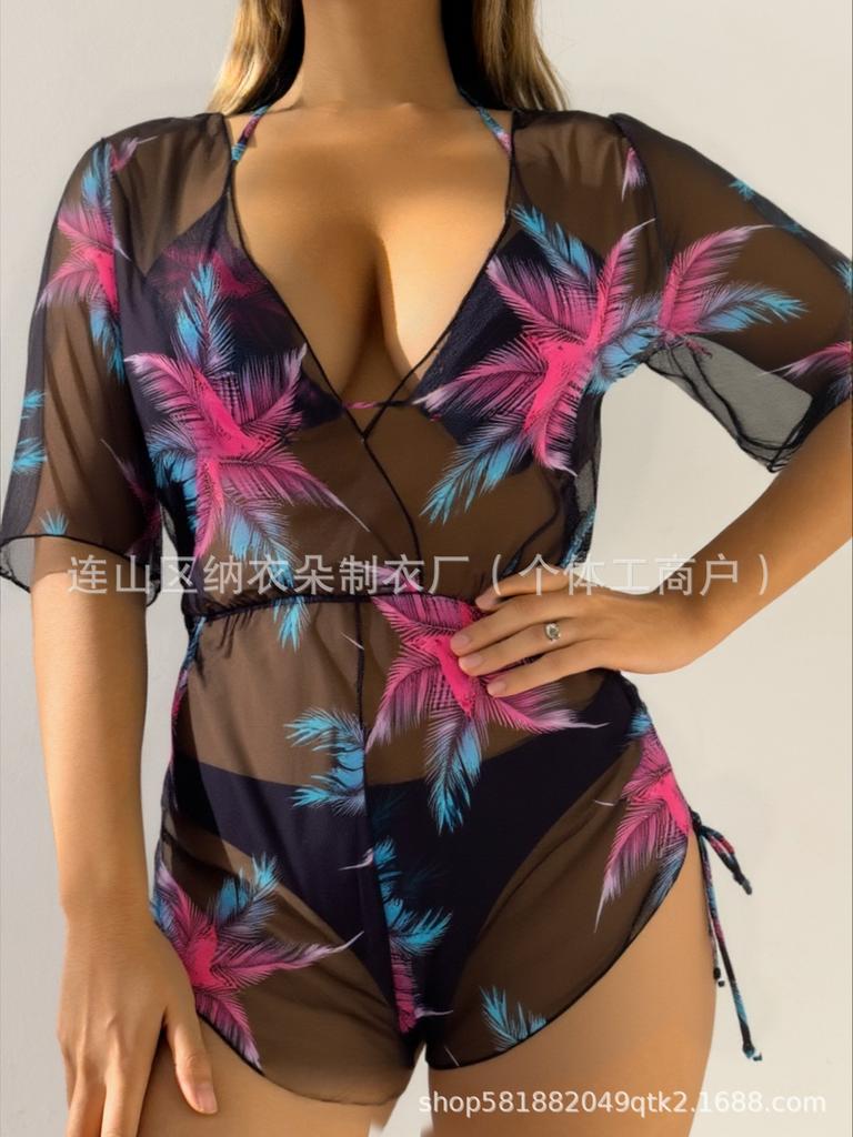 Swimsuit Beach Sunscreen Tropical Plant Printed Blouse Swimsuit Women's Three-piece Neck Bikini