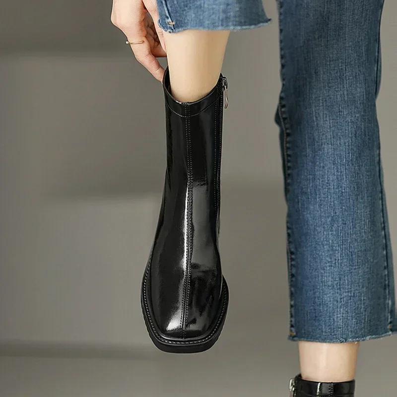 Fashion NEW Autumn/Winter Women Boots Split Leather Shoes for Women Square Toe Chunky Heel Shoes Zip Modern Boots Wool Warm Daily Shoes