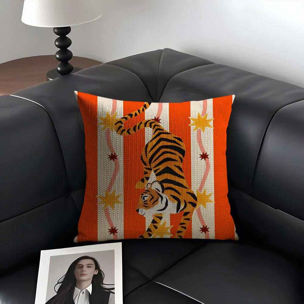 Animal Style Tiger Fashion Cushion Cover Natural Linen Organic Fabric DoubleSided Printing Sofa Home Decor Gift Pillow Case