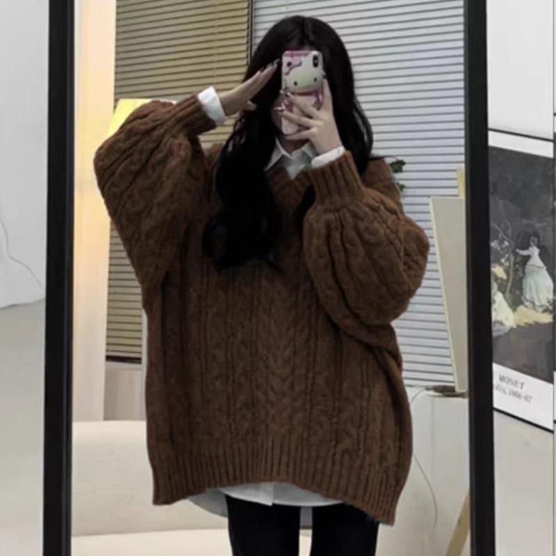 

Женский модный свободный серый зимний свитер с V-образным вырезом, верхняя одежда в стиле праздного отдыха, вязаный топ, пуловеры для сезона осень/зима One Size кофейный