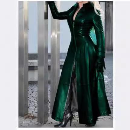 Women's Long PU Leather Coat Zip Up Stand Collar Slim Fit Long Sleeve Maxi Jacket Oversized Winter Streetwear